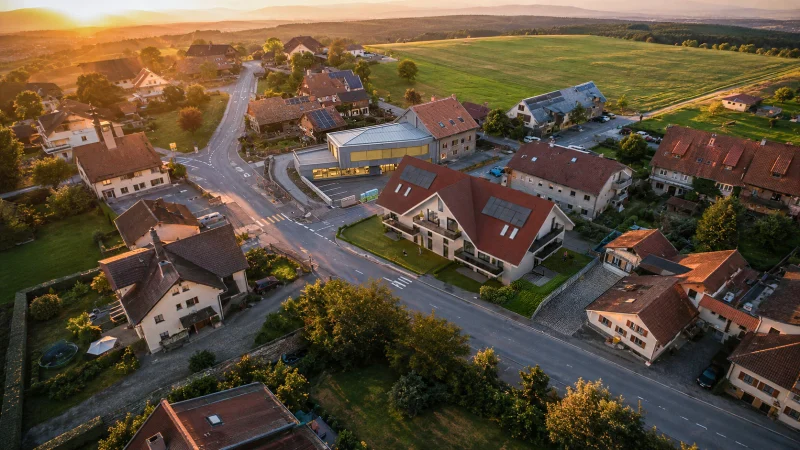 Vue aérienne de Bretigny-sur-Morrens au coucher du soleil, le Clos du Chêne au centre du village